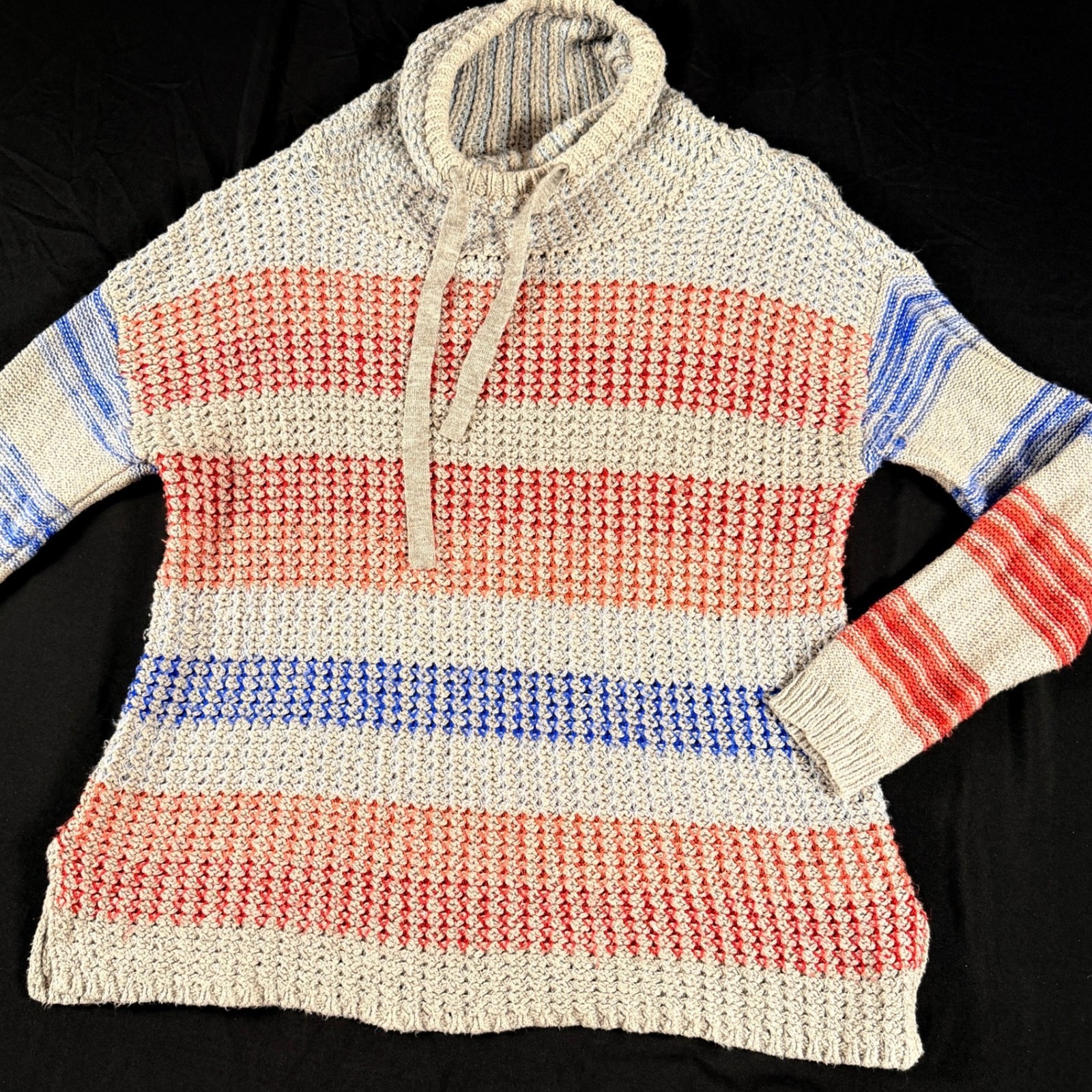 American Eagle Striped Chunky Knit Hoodie - Coastal Boho Summer Sweater - Medium